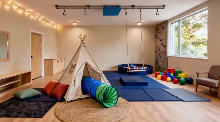 Ambiente ilustrativo de uma sala sensorial com materiais para exploração e participação