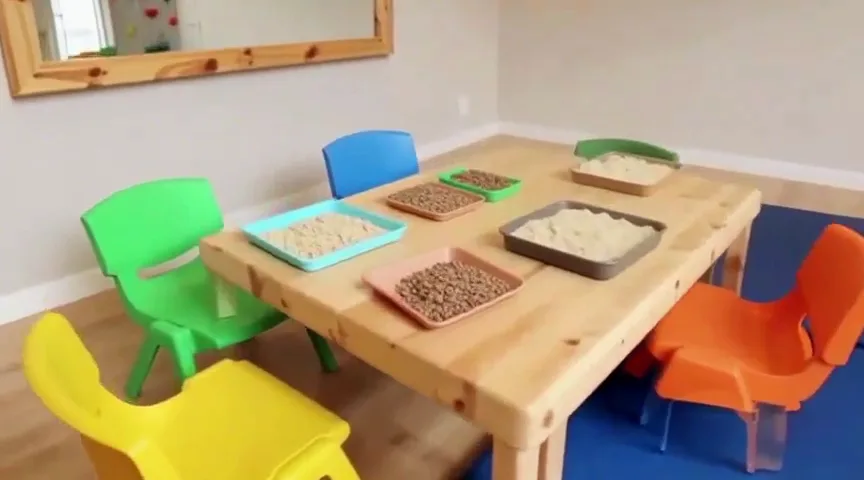 Mesa de exploração tátil com bandejas e cadeiras coloridas, em uma sala ilustrativa
